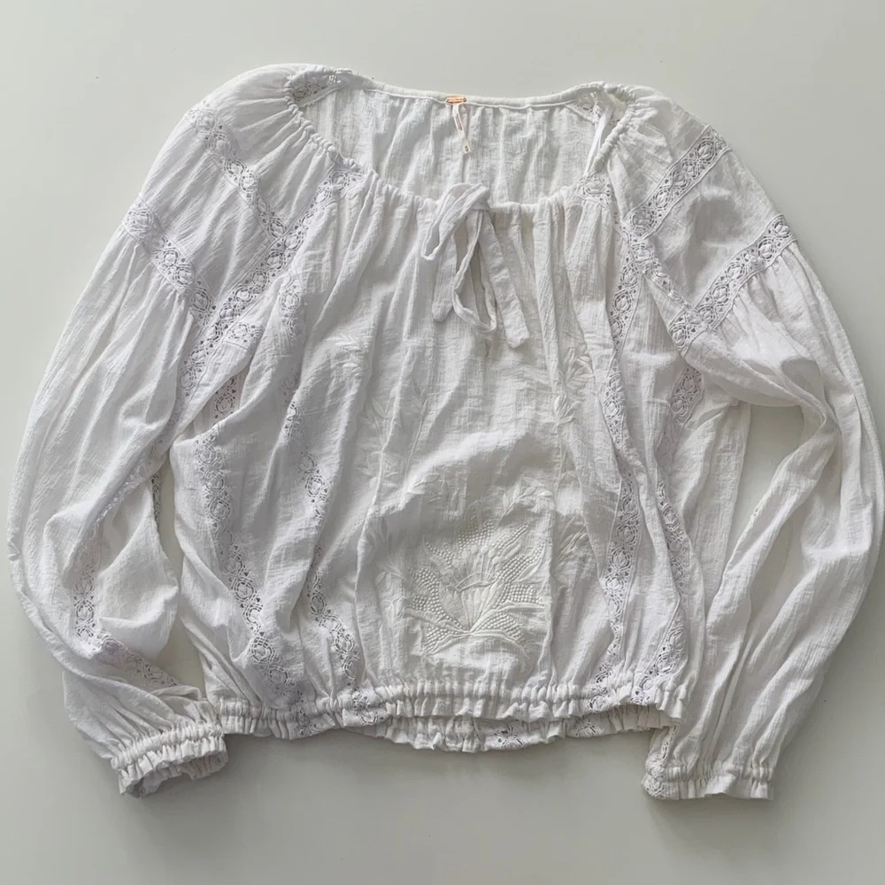 Free People Maria Maria White Embroidered Lace Boho Blouse Top Size M Excellent